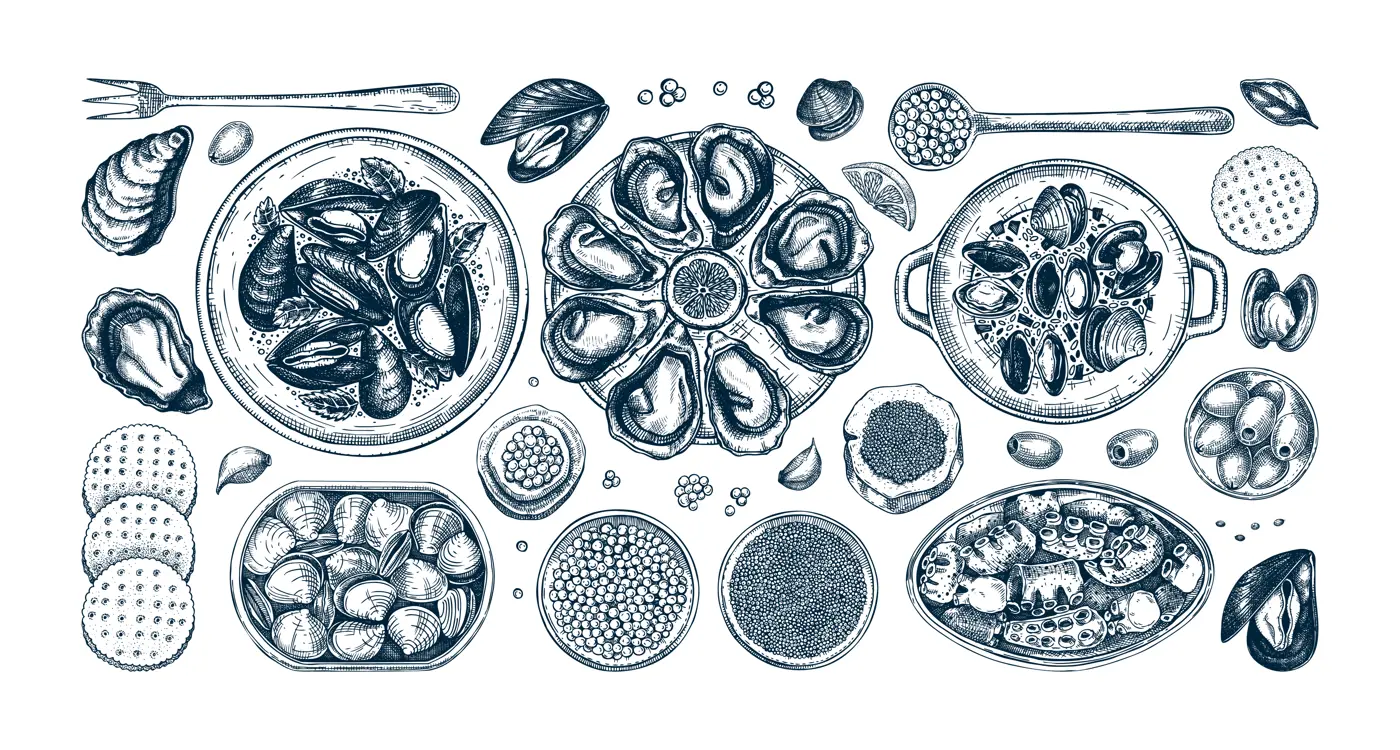 Seafood buffet illustrations collection in vintage style. Hand drawn shellfish - mussels, oyster, shrimps, caviar, canned fish canape sketches. Mediterranean cuisine, restaurant menu, finger food part Illustration